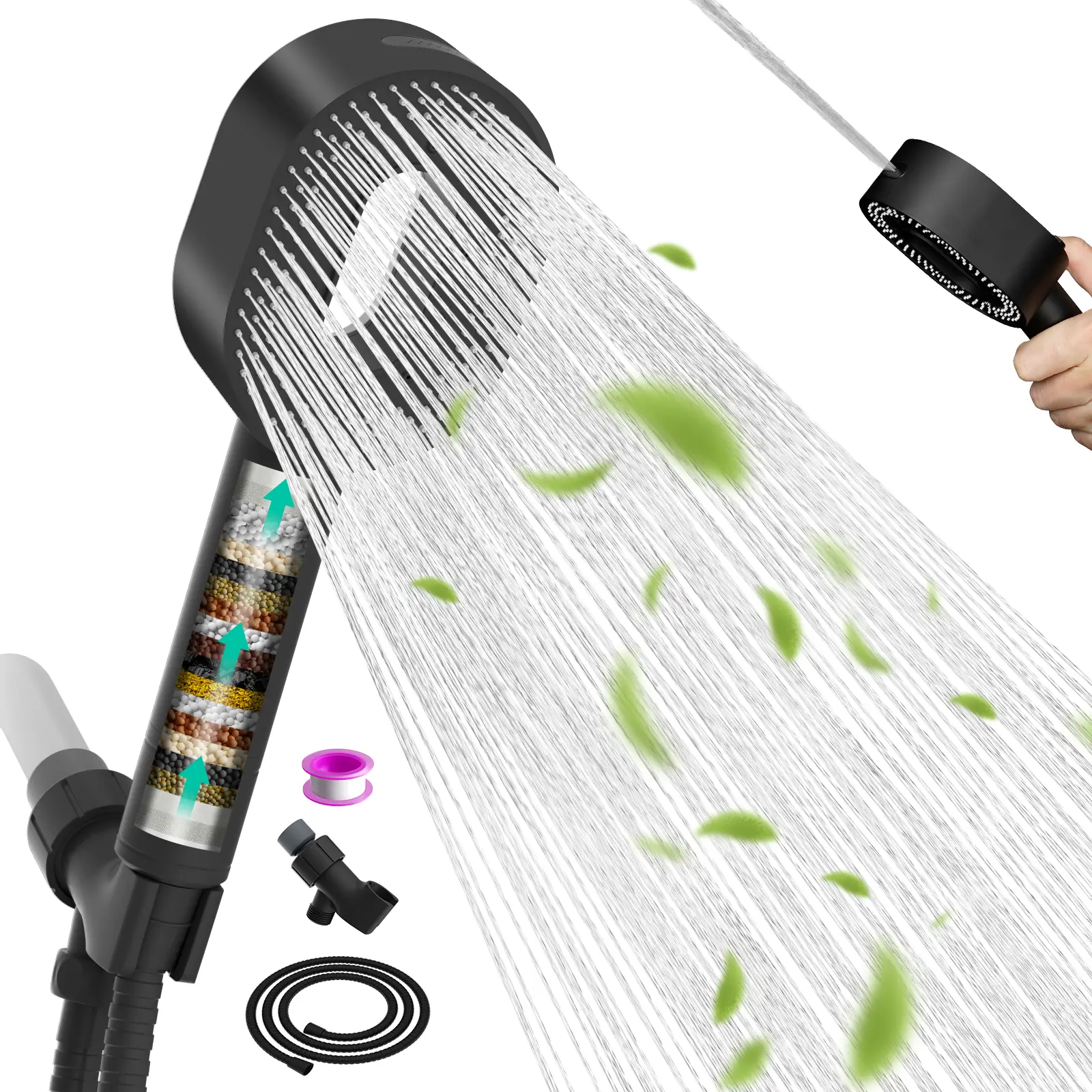 Hibbent Filtered Shower Head with Handheld, High Pressure 3 Spray Mode Showerhead with Filters,detachable shower head,Water Softener Filters Beads fo