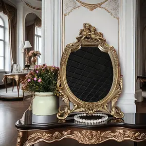 New 1pc Exquisite Angel Relief Decorative Makeup Mirror - Golden Paint Finish Resin Material Horizontal Irregular Shape Vintage Style High-End Suitable for Indoor Living Room Bedroom Decoration Ladys Essential Plastic