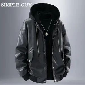 Men’s American Vintage Spring/Autumn Faux Two-Piece Hooded Leather Jacket — Premium Motorcycle-Style Biker Jacket for Trendy Men