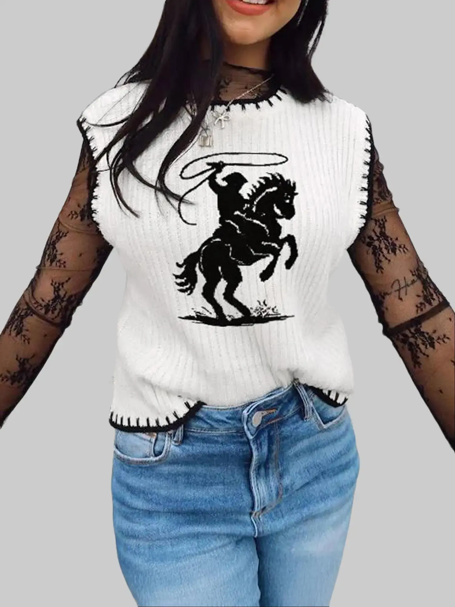 Women's Western Rodeo Cowboy Graphic Sweater Vest White Contrast Trim Round Neck Sleeveless Knitwear Soft Summer Casual Shift Tank Top