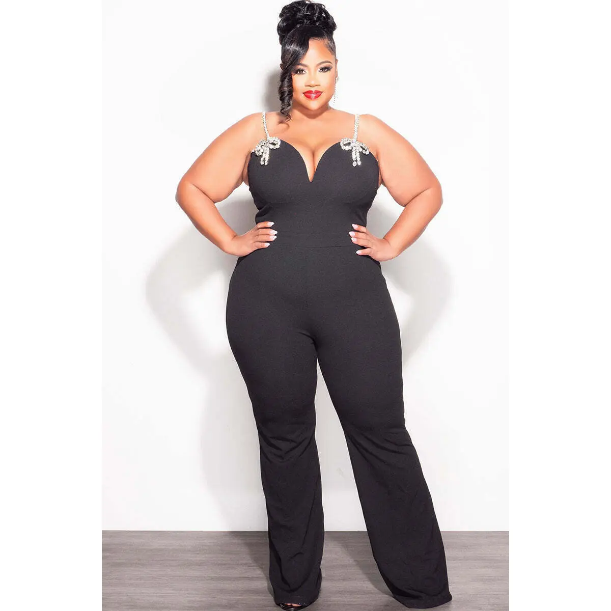 Final Sale Plus Size Sleeveless Rhinestone Bow Jumpsuit in Black