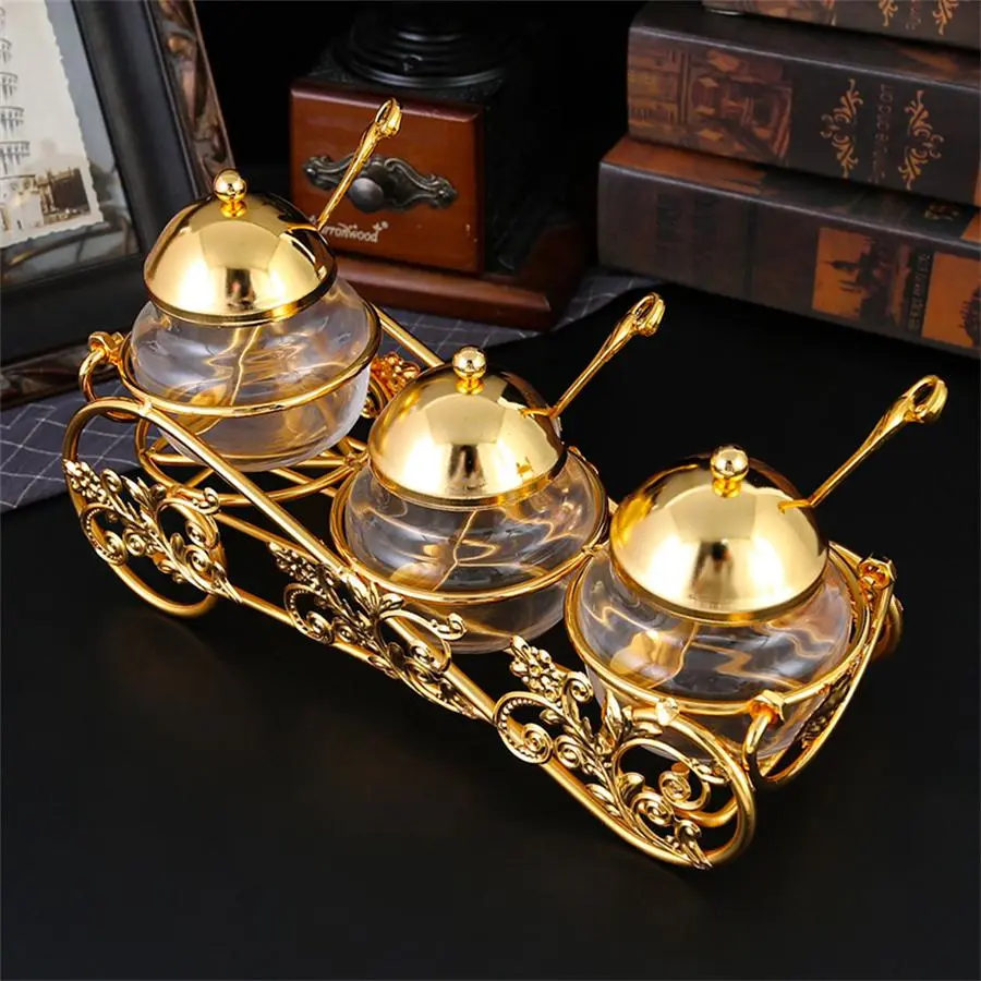 Vintage Seasoning Box with Lid & Spoon, 1 Set Exquisite Retro Seasoning Jar with Tray, Seasoning Storage Box for Home Kitchen Dining Room, Salt and Pepper, Utensils