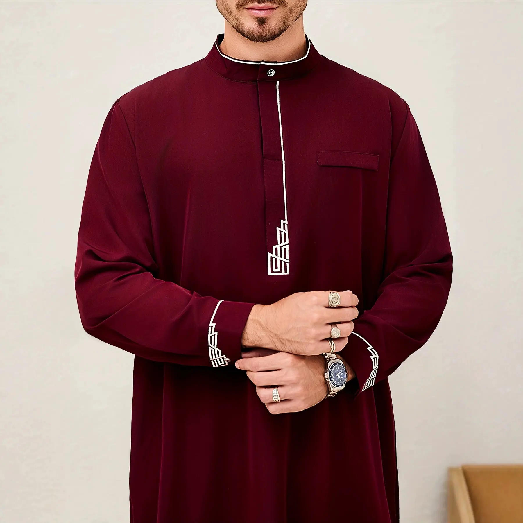 Men's stand-collar long robe, loose long sleeves, long casual style