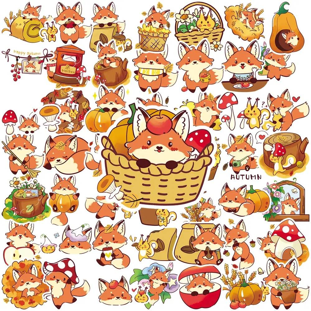 50Pcs Cute Autumn Fox Vinyl Stickers, Kawaii Fall Forest Animal Decals with Pumpkin Mushroom Harvest Elements, Waterproof Stickers for Car Dashboard Window, Helmet, Water Bottle, Laptop, Journal, Luggage, Phone Case, Fall Autumn Harvest Decor Stickers