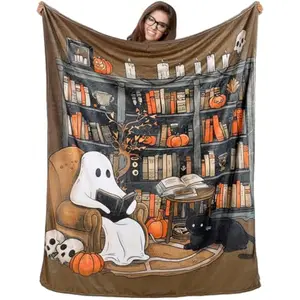 Eyesoul Ghost Reader Halloween Blanket 60"x50" Book Lovers Gifts Throw Blankets Skeleton Reading Books for Women Bookworm Bookish Boo Basket