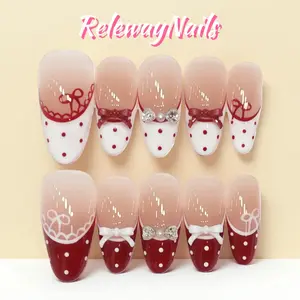 Valentine's Day Medium Almond Press On Nails White and Red Handmade False Nails 3D Bow Hand Painted Polka Dots|Bowtie Polka