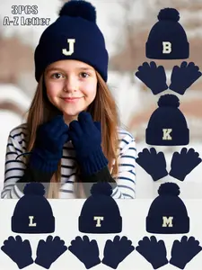 3-Piece Kids Knitted Hat & Glove Set with A-Z Letters, Baby Girls Woolen Cap, Warm Winter Hat for 3-8 Years Old, Daily Wear