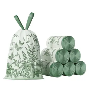 100pcs 4 Roll,  Scented Drawstring Trash Bags - Thickened, wormwood Fragrance,High Density Polyethylene Disposable Bags , Suitable For Kitchen, Bathroom, Bedroom, Living Room And Outdoor Use, Multi-Purpose Trash Bags
