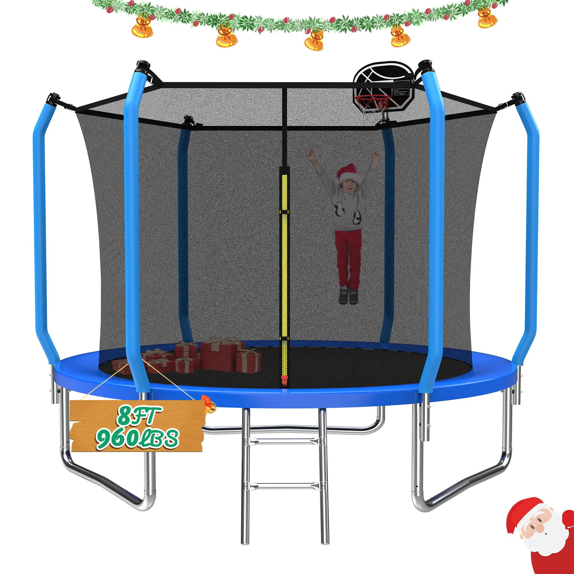 8ft Kid Trampoline Outdoor with Basketball Hoop, Air Pump, Safety Enclosure Net & Ladder, ASTM Approved, Blue, Ideal for Kids & Adults, New Year & Birthday Gift, Heavy Duty Trampoline, Galvanized Steel
