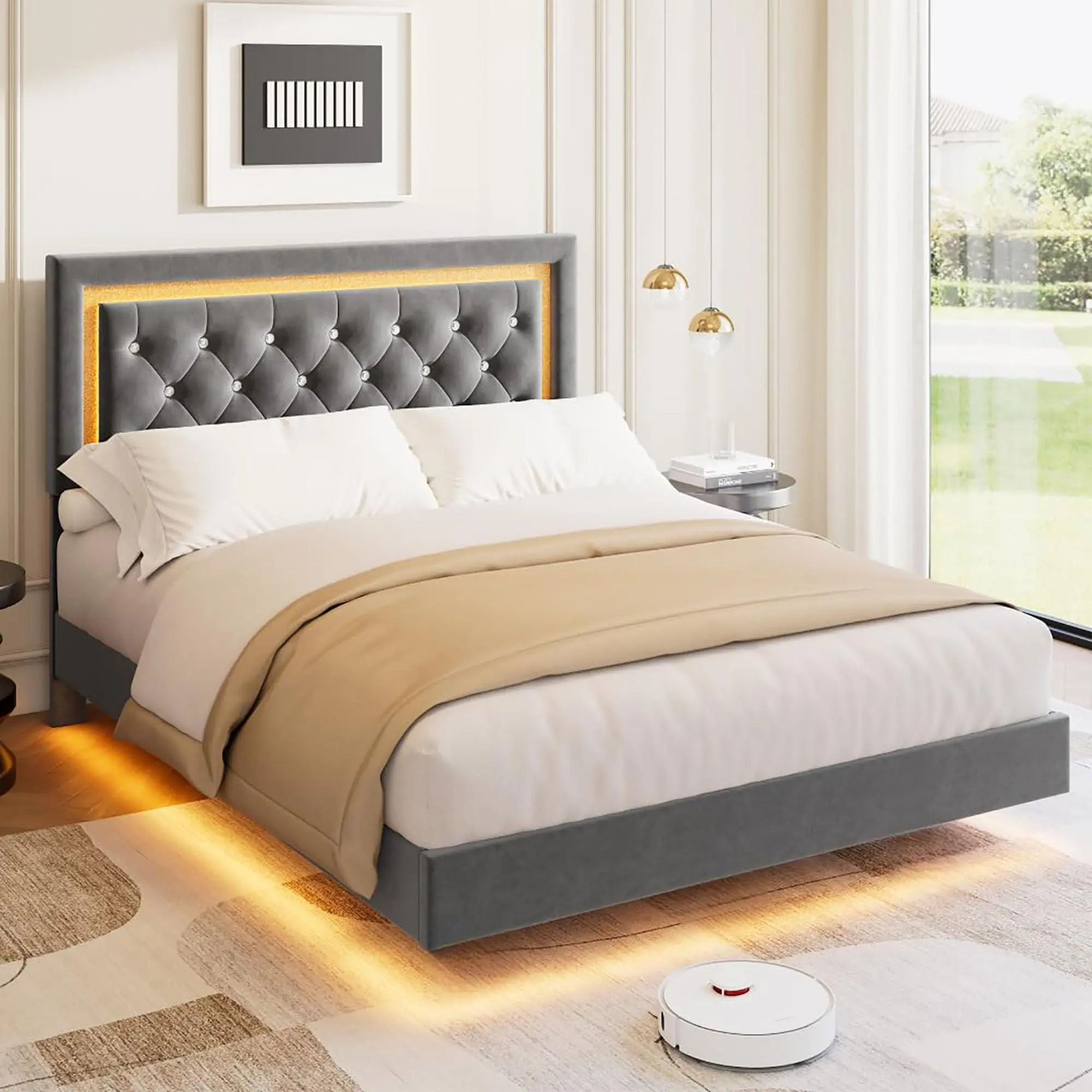 Garvee Full Bed Frame with LED Lights, Floating Bed Frame with Diamond Headboard | Grey, Modern Diamond Upholstered Headboard, Noise-Free Wood Slats, Under Bed Storage, Easy Assembly