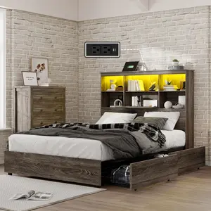 Amerlife Queen Size LED Bed Frame with Rustic Grey Wooden Bookcase Headboard, Built-in Charging Station, 4 Drawers Storage, Slatted Bed Base – Adults Bedroom Furniture for Bedroom, Built-In Outlets Beds, With Drawers Beds