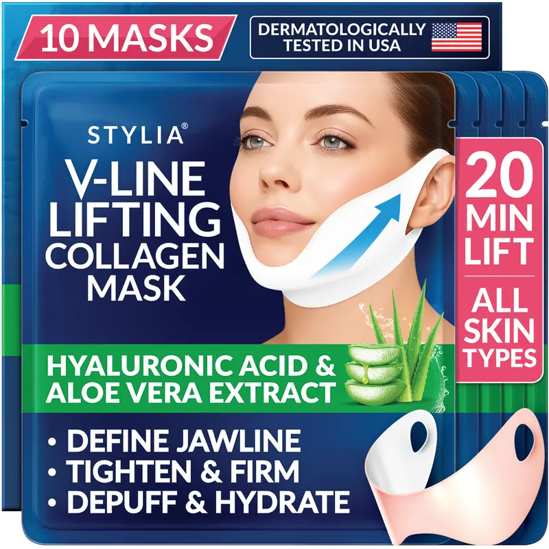 STYLIA V Line Lifting Collagen Mask - Lift, Firm & Contour Jawline - Tightening Double Chin Strap with Hyaluronic Acid & Aloe - Neck Lift & Face Tightening Mask - Jawline Shaper Face Lift Tape Body Care Hydrating Moisturize Sensitive