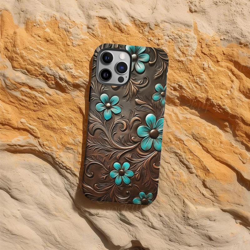 Western Turquoise Floral Tooled Leather Style Case for iP Phone 17 16 15 14 13 12 11 Pro Max Plus X XR XS - Boho Country Chic 3D Effect Print Cover 🌵💎✨
