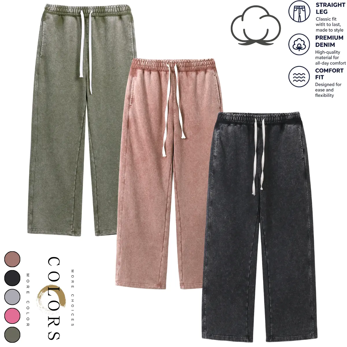 Men’s multi-color washed distressed straight-leg sweatpants, loose drape fit, everyday wear, retro casual long pants
