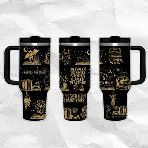 40oz Gothic Stylish Handle Tumbler - Book Lover Pattern Retro Fantasy Stainless Steel Flask, Hawkins Inspired Horror Bottle, Leakproof Double Wall Thermal Drinkware, Large Iced Coffee Cup, Gift for TV Show Fans