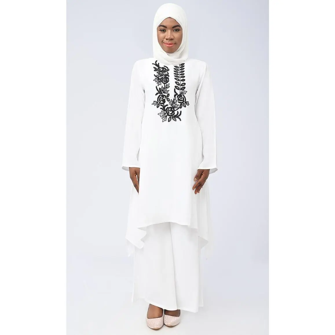 White Modest Islamic Embroidered Set With Hijab