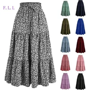 F.L.L-Floral Maxi Skirt for Women Summer Comfy Tiered Elastic High Waisted Skirts Vacation A-Line Flowy Swing Long Skirts