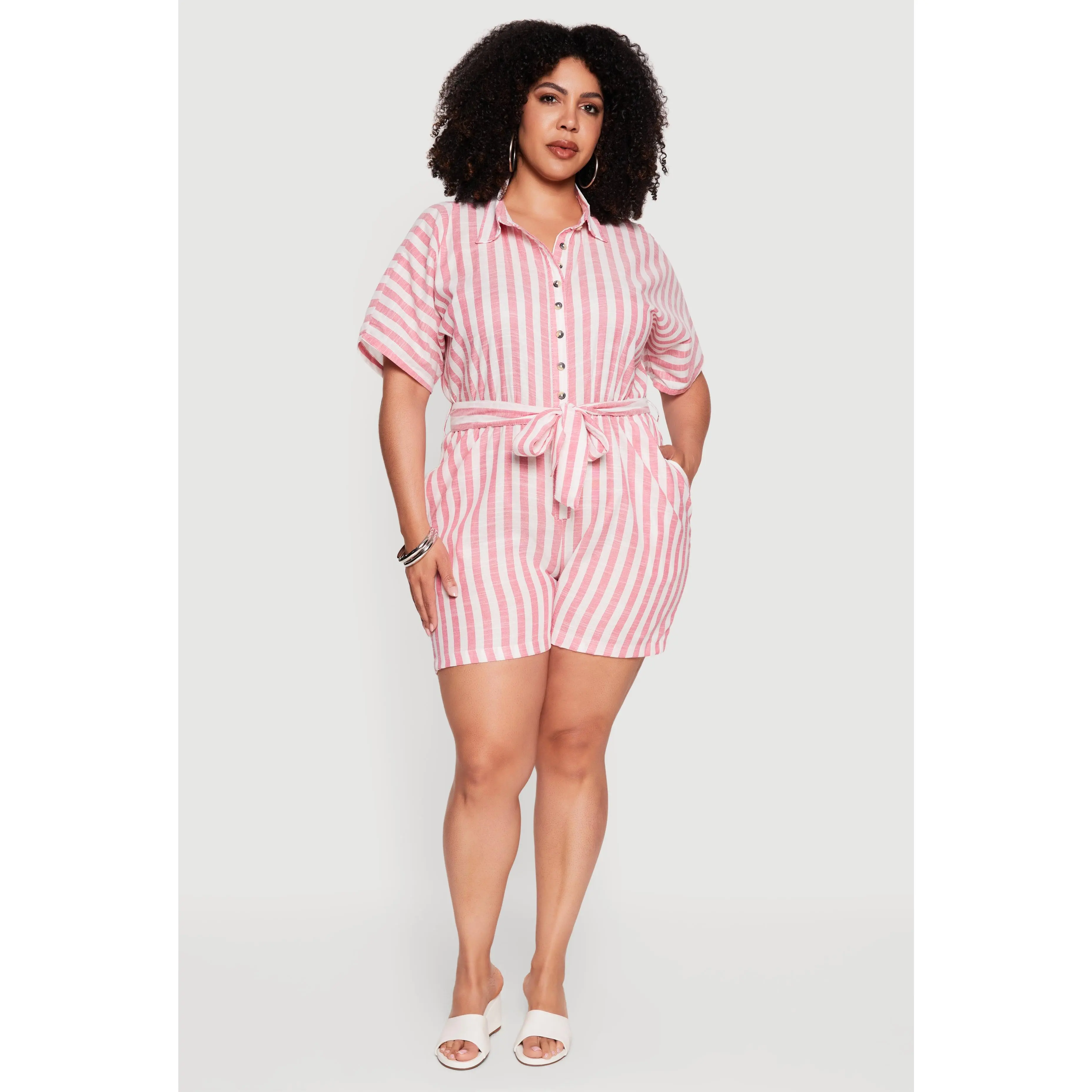Plus Size Striped Button Front Tie Waist Belted Romper