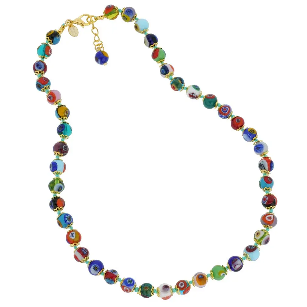 Glass Of Venice Murano Glass Necklace Shorter Length 17-Inches - Italian Millefiori Multicolor Mosaic Beads Handmade Blown Glass - Murano Glass Necklaces For Women