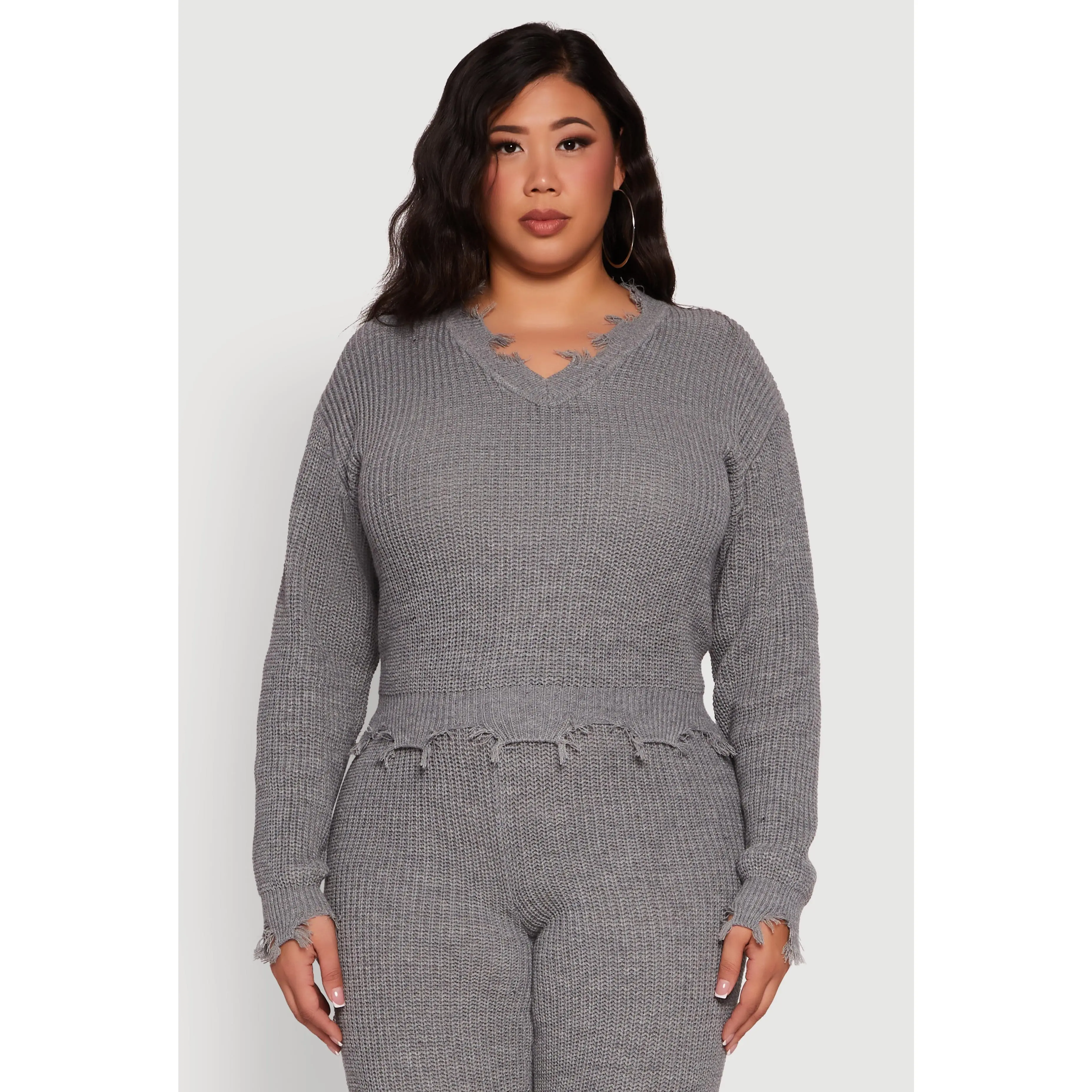 Plus Size Crochet V-Neck Frayed Sweater