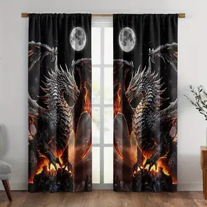 2pcs Insulated Half-Blackout Curtains, Dragon Print, Cartoon Animal Drapes, Polyester, Bedroom Living Room Kitchen Decor