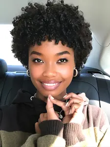 Afro Kinky Curly Pixie Cut Wig Human Hair 150% Density Brazilian Hair Natural Black Short Fluffy Wig
