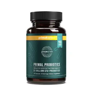 Primal Probiotics - A premium probiotic & prebiotic formula with 12 different probiotic strains.  31 Billion CFU probiotics with PreforPro prebiotics.