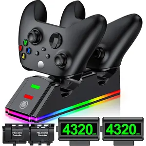 ESYWEN Xbox Controller Charger Station with 2 Packs 4320mWh Rechargeable Battery for Xbox Series X/S/One/Elite Controller, Dual Charging Dock with Cool Dynamic Light, 4 Packs Covers