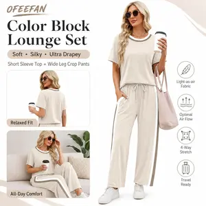 OFEEFAN 2 Piece Lounge Sets for Women Matching Set Summer Outfits Short Sleeve Tops Wide Leg Pants with Pockets