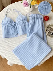 2 Spring Summer Striped 2 Piece Outfit Women Womenswear | Tie Front Cami Crop Top + Wide Leg Long Pants Set | Coquette Y2K Style for Vacation Travel Daily Wear