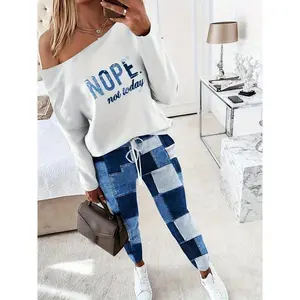 2 Piece Outfit Nope Not Today Print Skew Neck Long Sleeve Pullover Top with Stretchy Waist Long Pants Jogger Set