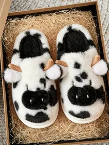 Adorable Cow Fashionable Thickened Sole Warmth, Anti-slip and Deodorant Outdoor Home Autumn Winter Spring Slippers for Men and Women Couples