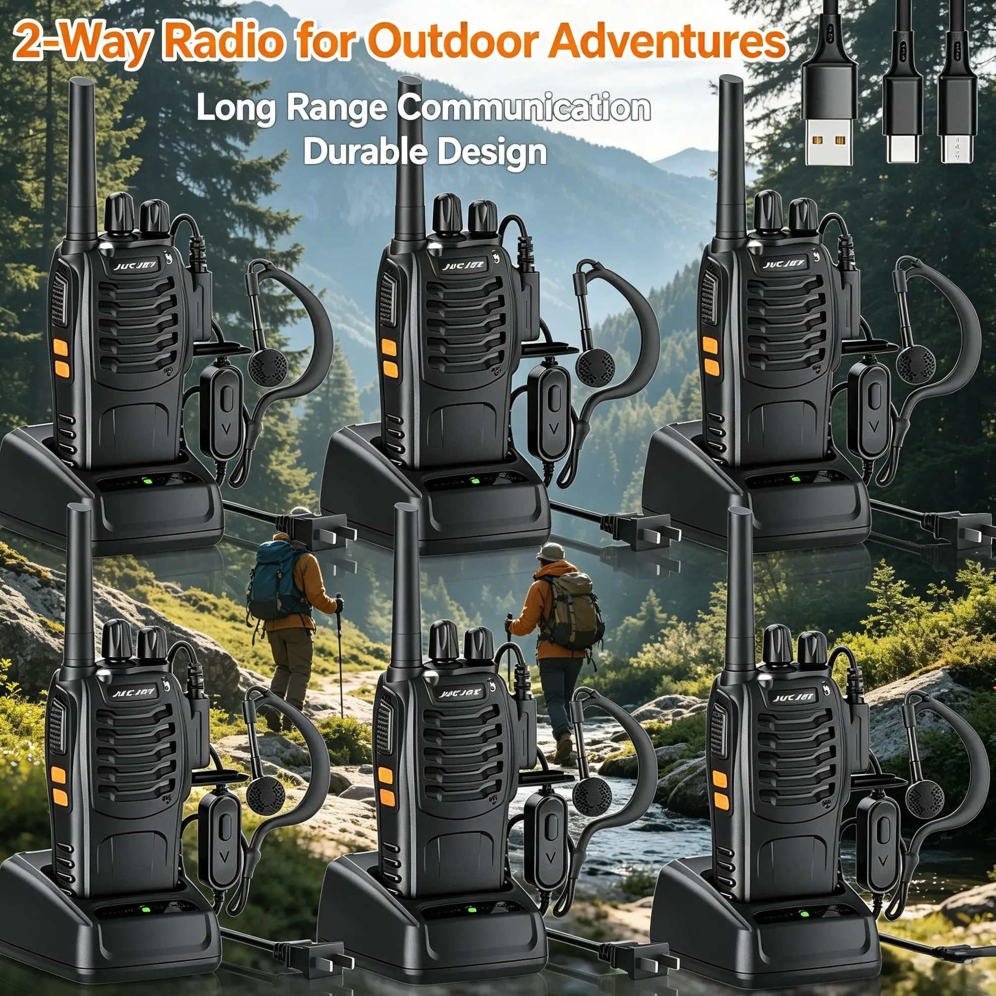 JUCJET 888S Wireless Handheld Walkie Talkies (6-Pack) with Flashlight, Earpieces, 16 Preset Channels, USB Charge Base, Plug-and-Play Rechargeable Long Range Intercom for Camping, Hiking