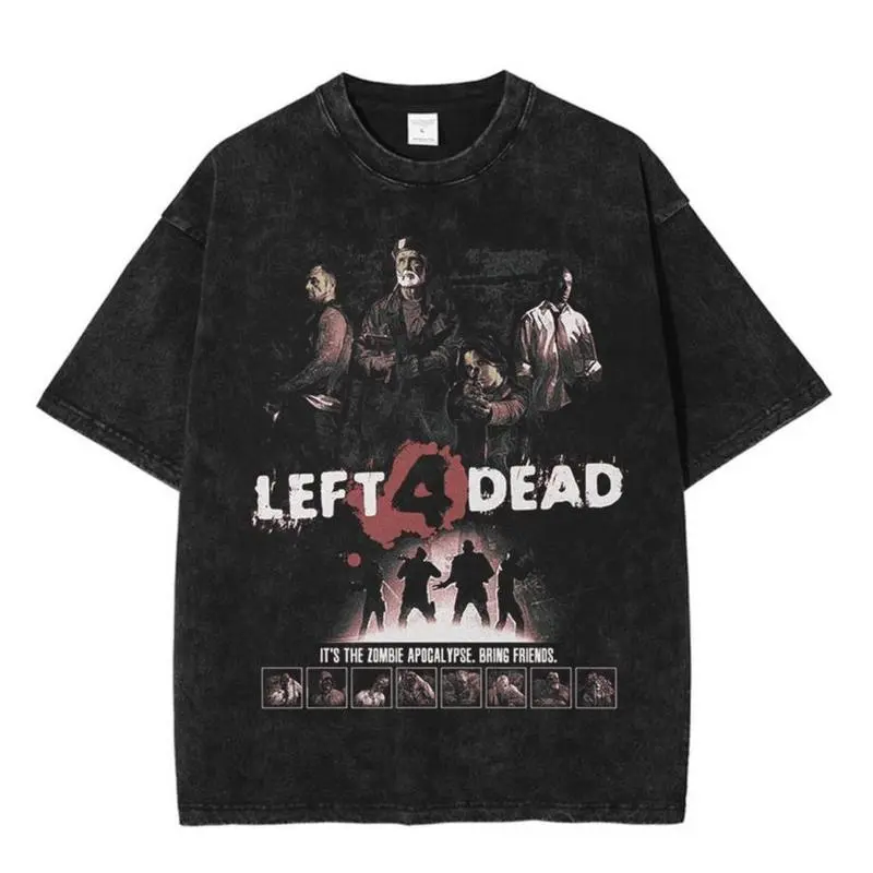 Men's Retro Graphic T-Shirt, Vintage Left 4 Dead Figure Print in Distressed Acid Washed Cotton, Casual Fitted Streetwear, Cute
