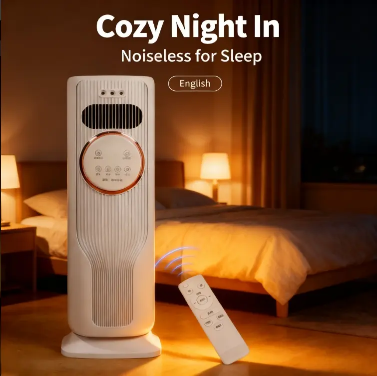 Compact Vertical Oscillating Cooler Heater Fan, Blade-Free Safe Design with Ice Cooling Function, Remote Control, Multiple Levels Setup for Households Year-Round Use