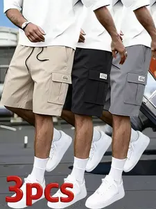 3-Pack Men’s Quick-Dry Cargo Shorts, Lightweight Multi-Pocket Casual Shorts with Elastic Drawstring Waist, Loose Fit Durable Work Shorts for Outdoor Hiking, Daily Commute, Travel & Streetwear Fashion