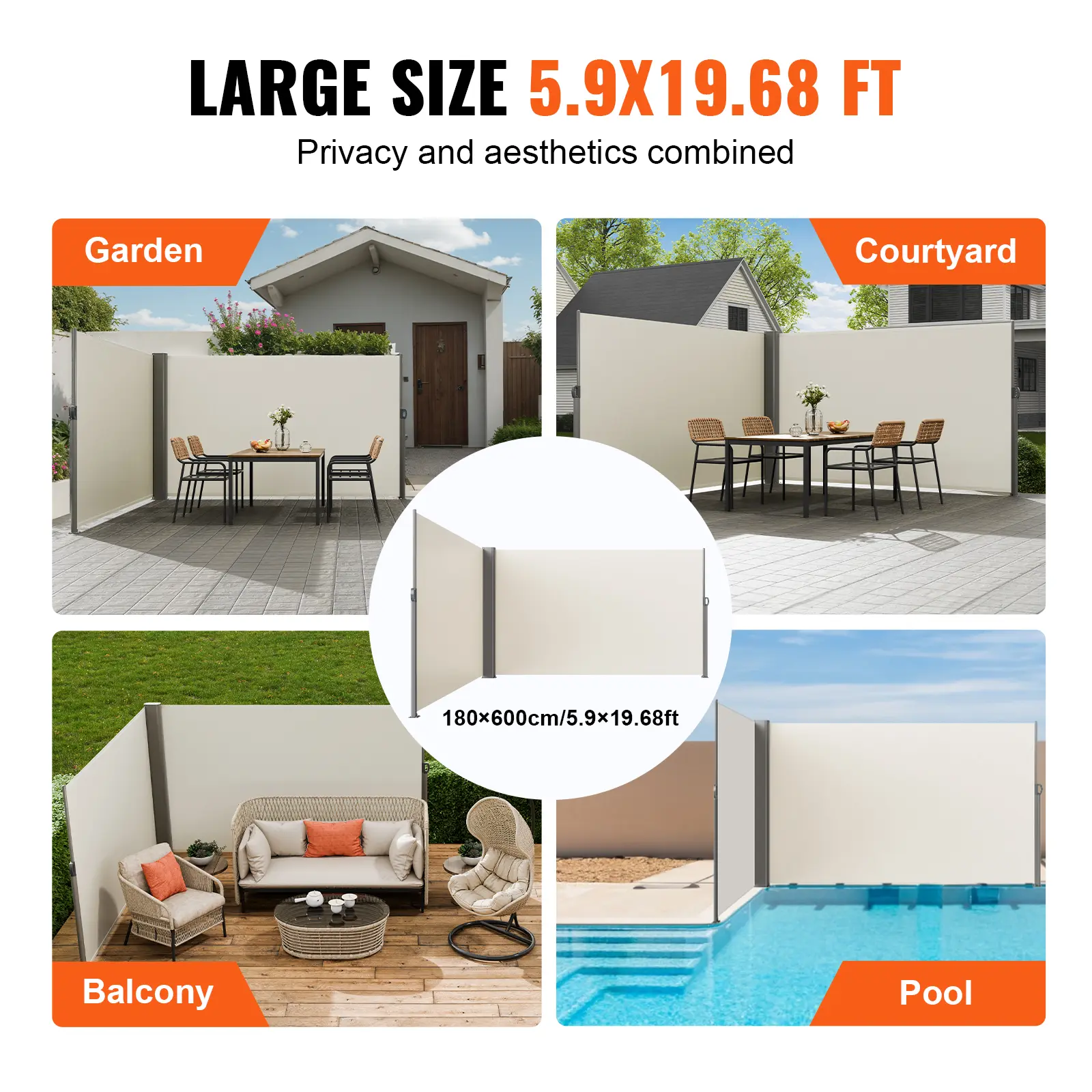 VEVOR Retractable Side Awning,  71''x 236'' Aluminum Outdoor Privacy Screen, 280g Polyester Water-proof Retractable Patio Screen, UV 30+ Room Divider Wind Screen for Patio, Backyard, Balcony, Beige