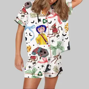 Unwind Studio Coraline Satin Pajama Set for Women Printed Comfy Sleepwear Loungewear 100% Polyester Herringbone Satin Elastic Waistband Elegant Hem Details Lightweight Breathable