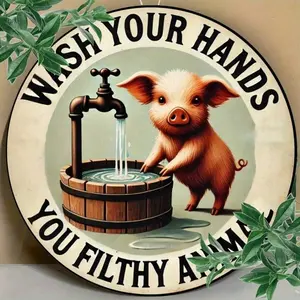 1pc Hand Washing Pig Themed Round Metal Wall Art Sign, Indoor/Outdoor Easy-To-Hang Round Metal Decor, Perfect For Home, Bar, Garage, Cafe & Garden Durable Farmhouse Wall Art, Ideal Holiday Gift