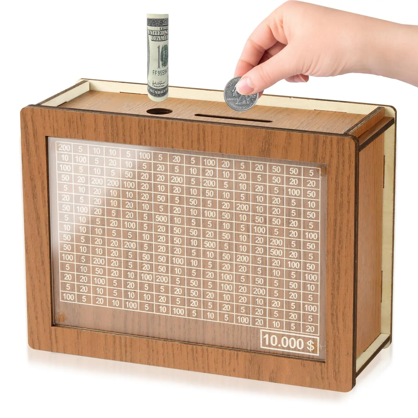 10000 Savings Challenge Box, Money Saver Box 10k Smash, Wooden Digital Save Piggy Bank for Adults Kids, Cash Vault Wooden Savings 10,000 Dollar