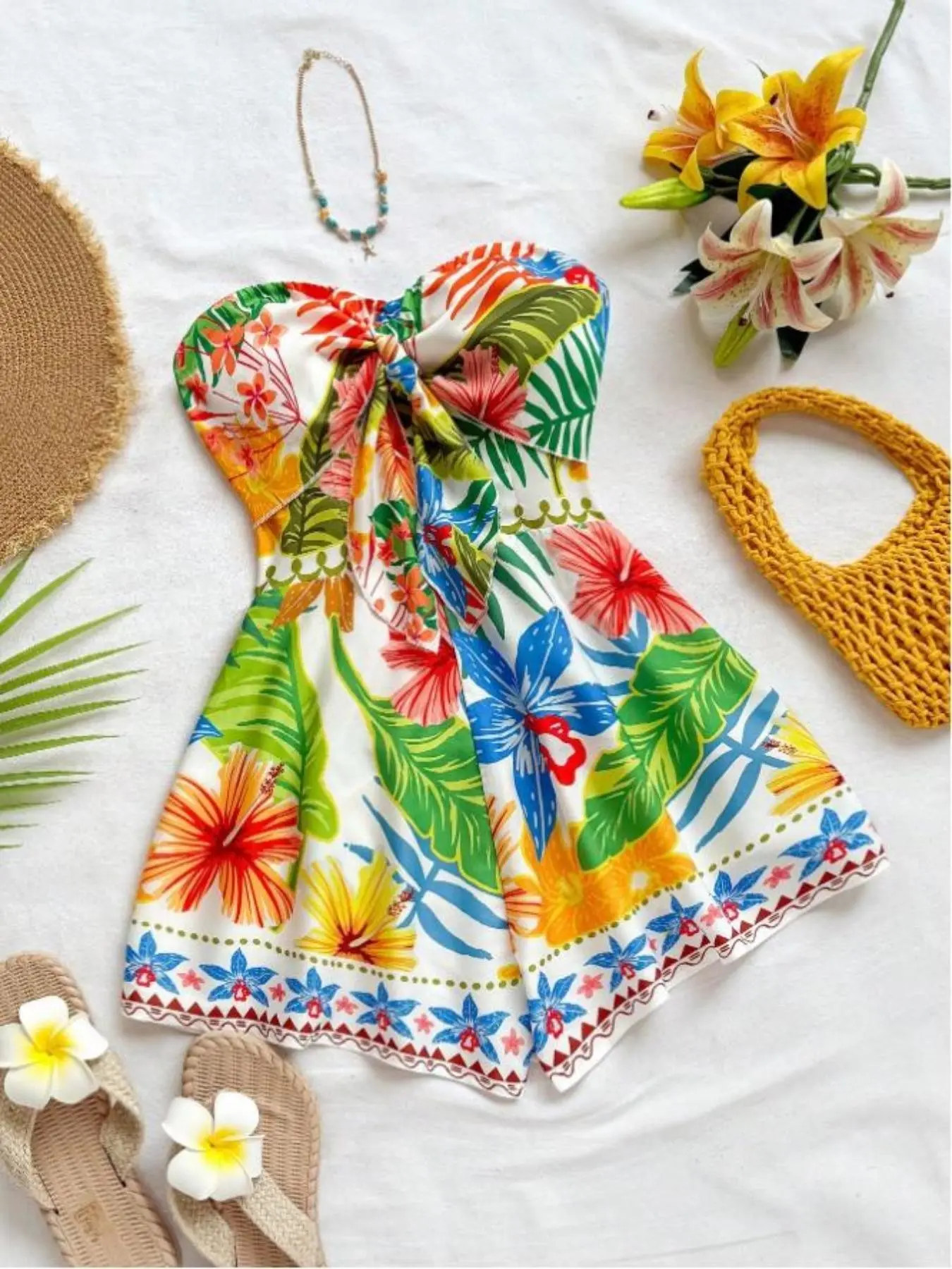 Watercolor Shadow Floral Print Strapless Front Twist Backless Boho Romper, Loose Fit, Perfect for Vacation, Cruise, Party, Date, Valentine's Day, Layering