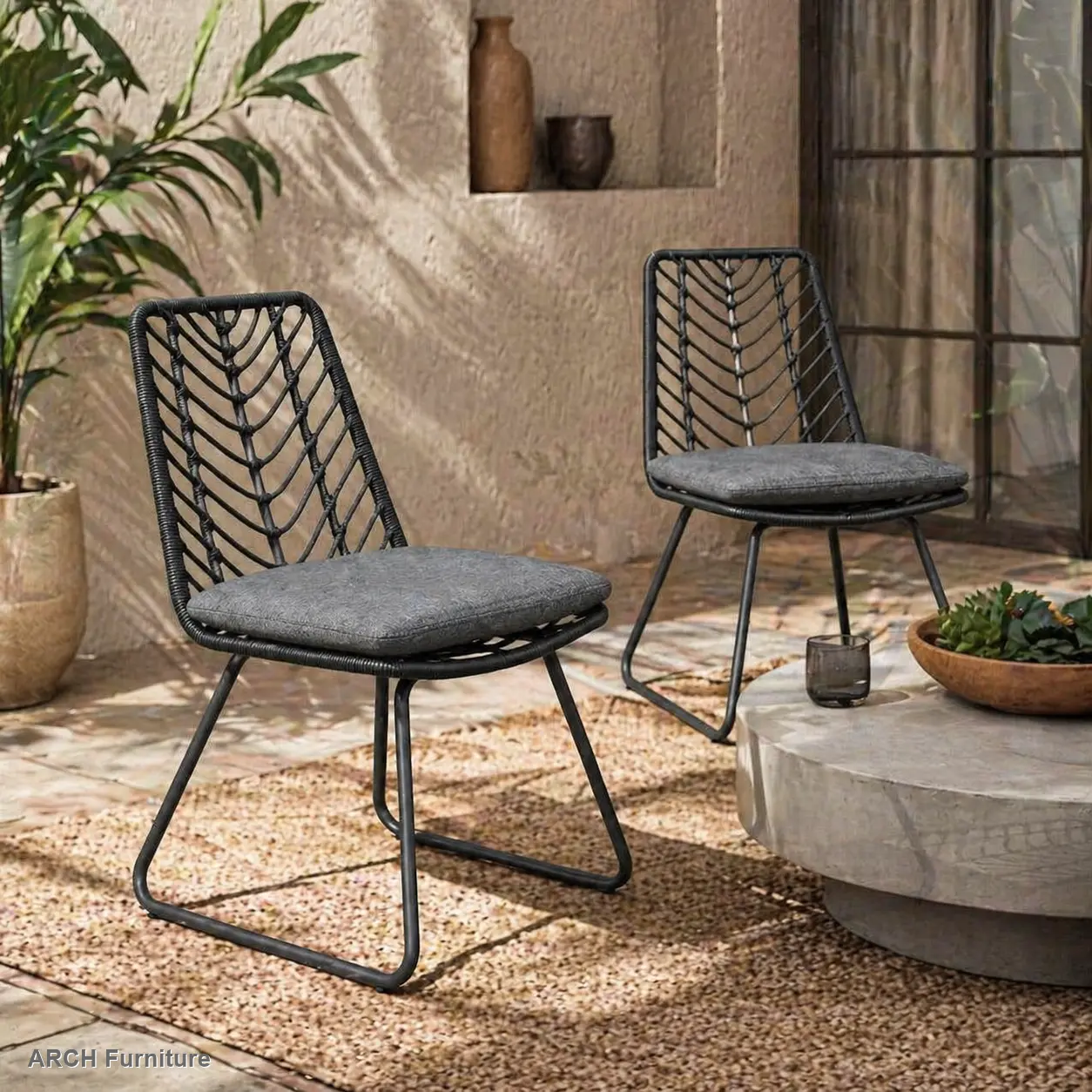 Gray Rattan Conversation Chair Set, 2-Piece Indoor Modern Dining Armless Chairs with 2 Cushions, Modern Dining Chairs
