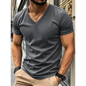 Men's Summer High-Quality Polyester Quick-Dry Breathable V-Neck Short Sleeve T-Shirt, Street Style Solid Color Casual Fashion Tee Shirt