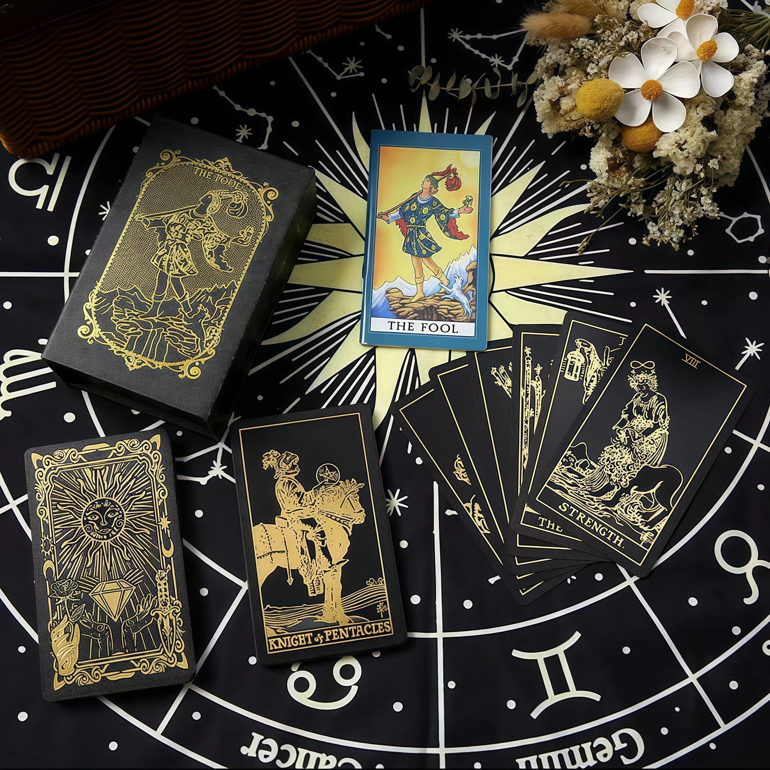 Tarot Cove Black Gold Tarot Cards with Guide Book Waterproof Wrinkle Resistant Foil Tarot Deck for Beginners Includes Chakras Planets Zodiac Signs Elements & Affirmations