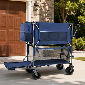 55" Heavy Duty Double-Decker Collapsible Folding Wagon Cart - Heavy Duty Trolley, Portable Folding Cart, 560LBS Capacity, 7"x4" All-Terrain Wheels, Brakes, Removable 600D Oxford Fabric Bin, Steel Frame, for Camping, Gardening, Dark Blue/Black/Purple