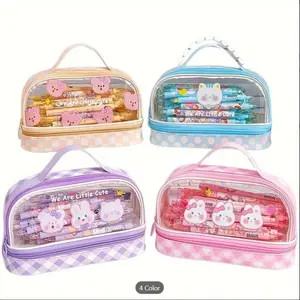 Kawaii Bunny Two-compartment Pencil Case, School Pink Multifunctional Bag, Transparent Japanese Animals Korean Style Cosmetic Bag, Bear, Cat, Bunny