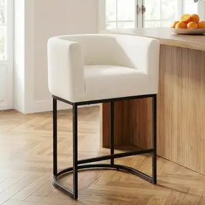 Modern Barrel Counter Height Dining Chairs, 26" Seat Height Kitchen Island Dining Stools with Back and Arms, Linen Upholstered, 350 lbs Support, Metal Sled Base, Beige/Oatmeal, Sold as Single or Set of 2