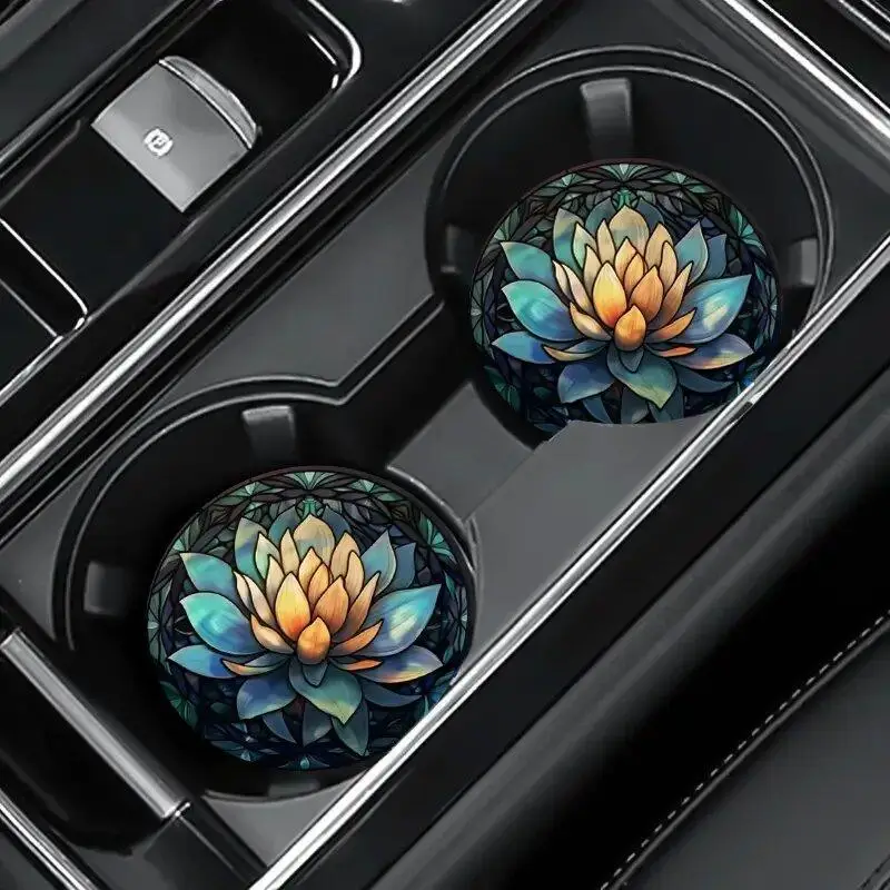 Lotus Pattern Car Coasters, Round Anti-slip Car Cup Holder Mat, Car Interior Decoration Pad, Car Accessories for Women & Men, Car Interior Kit, Car In