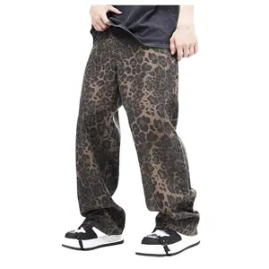 Leopard Print Baggy Jeans Grunge Wide Leg Denim Pants with Pockets