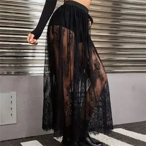 Women's Lace Long Skirts, High Waist Solid Color See-Through Midi Skirts with Built-in Shorts, Casual High Waist Skirt for Daily Outdoor Wear, Women's Bottoms for Daily Wear